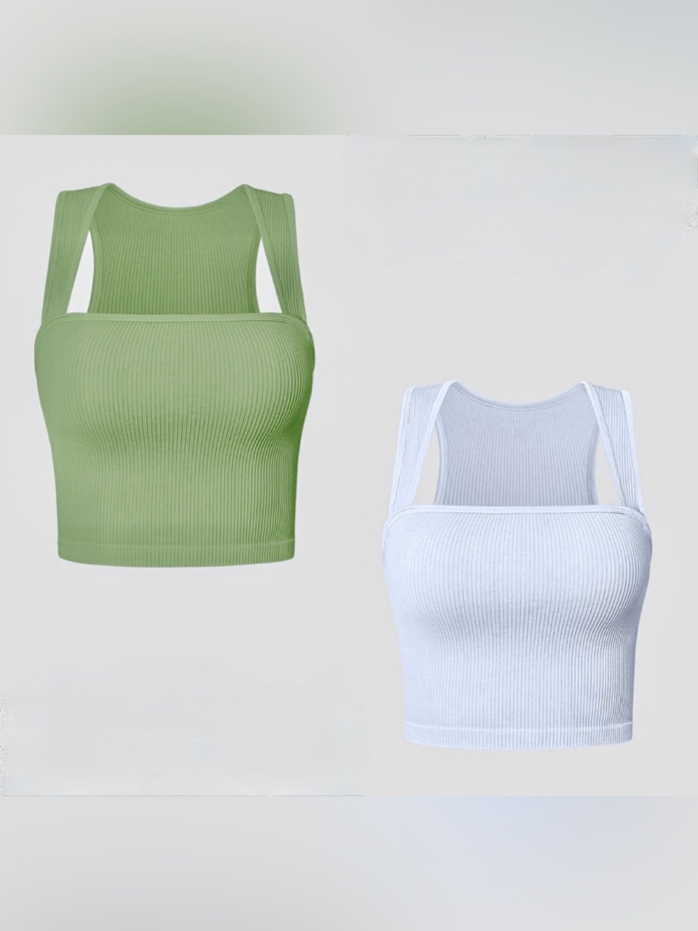 OQQ 2pk White and Green Square Neck Ribbed Tank Size XL